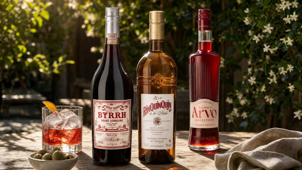 Byrrh, RinQuinQuin à la Pêche and Three Foxes Sunny Arvo Aperitivo on a garden table with an aperitif on ice and olives