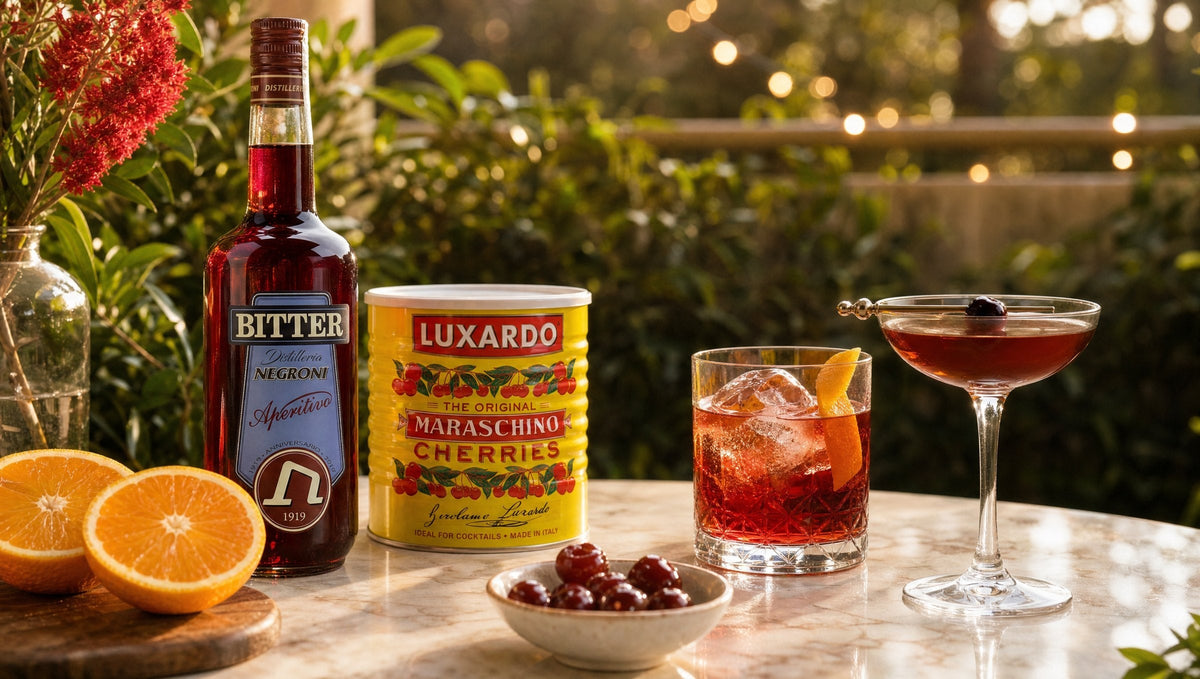 Distilleria Negroni Bitter and a tin of Luxardo Maraschino Cherries with a Negroni and a Manhattan on a marble bar at golden hour