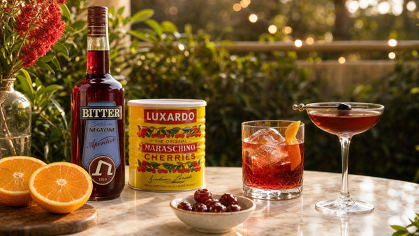 Distilleria Negroni Bitter and a tin of Luxardo Maraschino Cherries with a Negroni and a Manhattan on a marble bar at golden hour