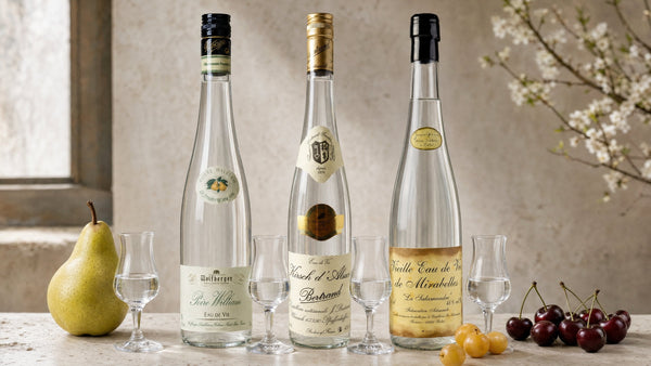 Wolfberger Poire William, Bertrand Kirsch and La Salamandre Mirabelle eau de vie with pear, cherries and mirabelle plums