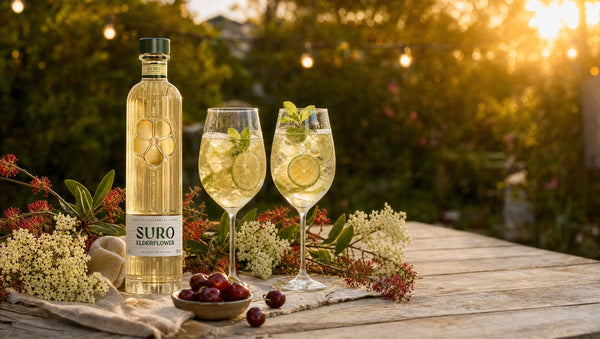 Suro Elderflower Liqueur with two Hugo Spritz glasses on a timber garden table at sunset, with NSW Christmas bush and festoon lights