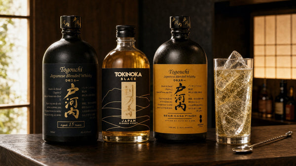 Togouchi 15 Years, Tokinoka Black and Togouchi Beer Cask Finish on a timber bar beside a Japanese whisky highball