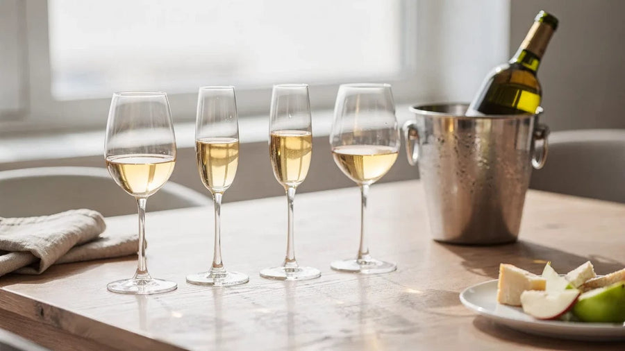 Four glasses of white wine and sparkling on a table beside a bottle in an ice bucket