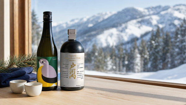 Nagano Meijo Kisekirei sake and Togouchi Premium Japanese whisky on a cedar table in a ski lodge with snowy mountains outside