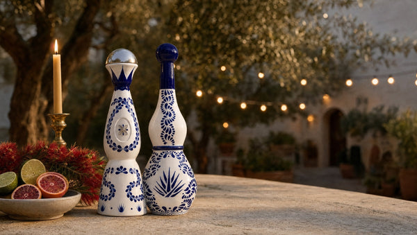 Clase Azul Reposado and Gran Cofradia Reposado ceramic tequila bottles on a limestone bench in a summer courtyard with string lights