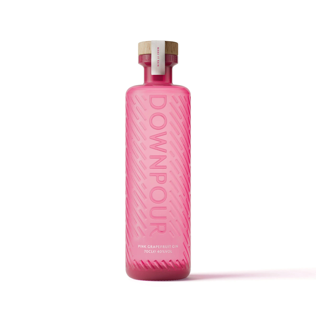 Downpour Pink Grapefruit Gin 700ml bottle in frosted pink embossed glass with a wooden stopper