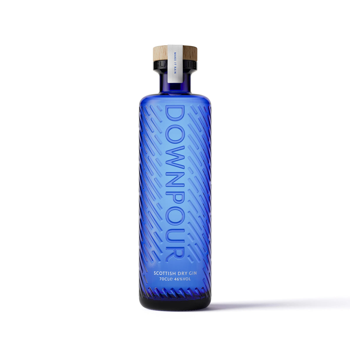 Downpour Scottish Dry Gin 700ml bottle in embossed cobalt blue glass with a wooden stopper