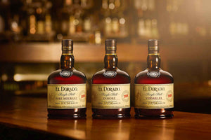 El Dorado Rum. Bottle sitting on a bar. Aged Rum