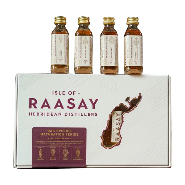 Isle of Raasay Oak Species Maturation Series tasting pack of four 50ml bottles with gift box
