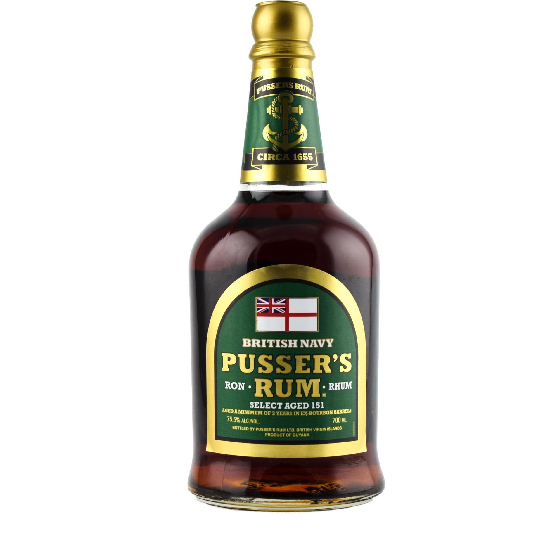 Pussers Rum 151 High Strength 75.5% ABV bottle, Guyana