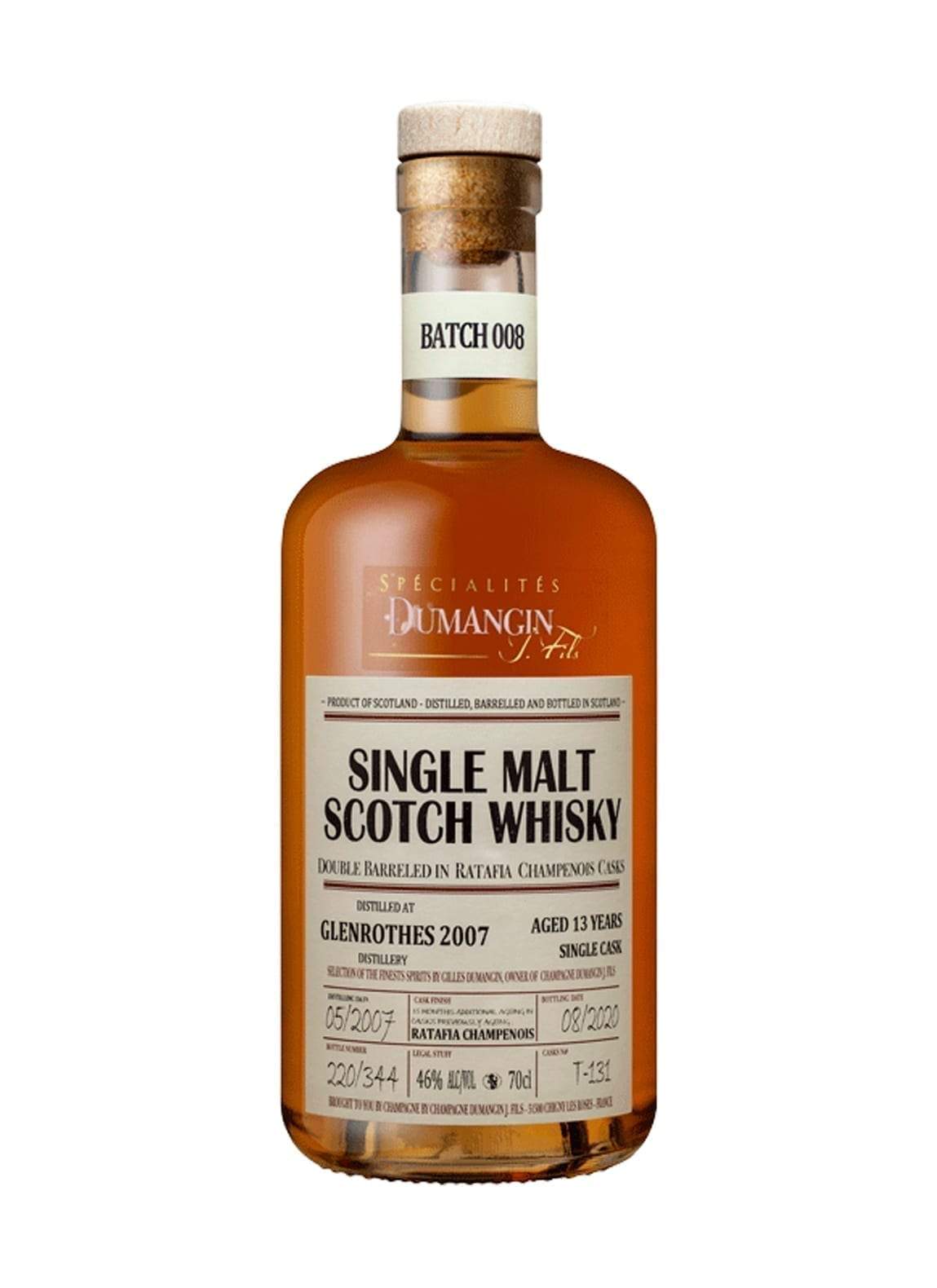 Dumangin Single Malt Scotch Whisky Glenrothes 2007 Batch 008 46% 700ml bottle, Champagne J Dumangin Fils, France